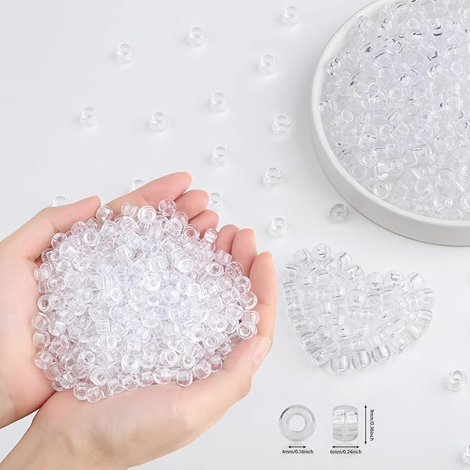 1000 Pc Boxed Clear Transparent Pony Beads, 9MM Plastic Craft Beads with Large Hole, Clear Hair Bead for Braids, Bracelet Bead for Jewelry Making