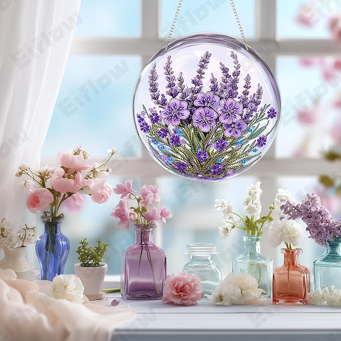 Eiflow DIY Hanging Diamond Art Kit Purple Flower, Acrylic Diamonds Painting Pendant Board Kit, 5D Gem Art Ornament Kit for Adults, Double Sided(9.4x9.4inch)