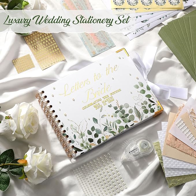Humyoun Wedding Guest Book Letters to The Bride Scrapbook Wedding Memory Book Bridal DIY Blank Paper Scrapbook Photo Album Guest Sign with Pearl Stickers(8.5 x 7 Inch,Eucalyptus,Green)
