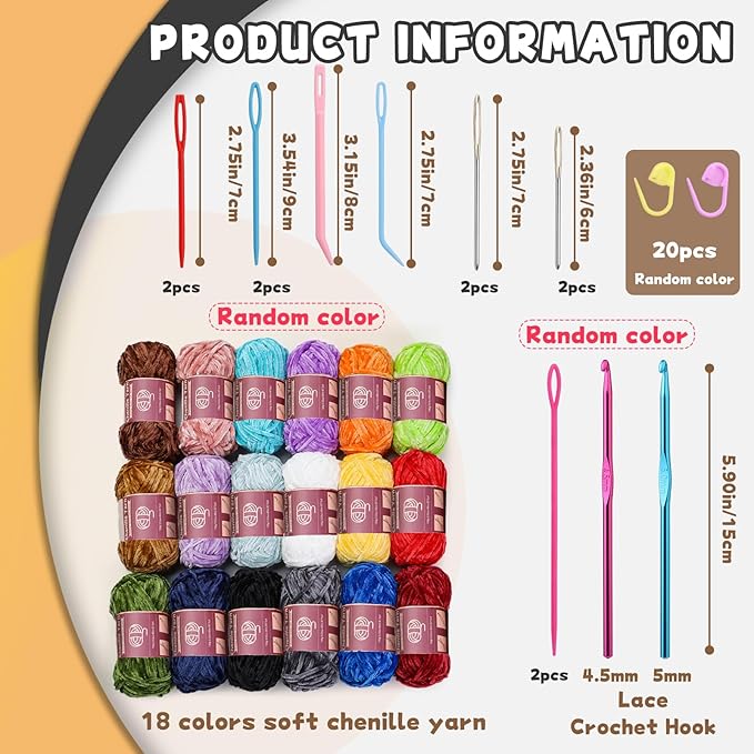 LUNARM 18 Skeins Chenille Yarn for Crocheting, Handmake Weaving Thick Soft Chunky Yarn for Blankets Clothes Crochet Craft with Crochet Hooks Needles Stitch Markers,3.53oz/Skein(Multicolor Series)
