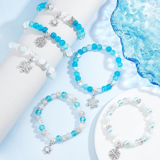 SUNNYCLUE 1 Box 209Pcs 6 Sets Snowflake Bracelet Making Kit Winter Charms Snow Snowflake Charms Christmas Bracelet Sets Glass Beads for Jewelry Making Kits Beginners Starter Women Gift