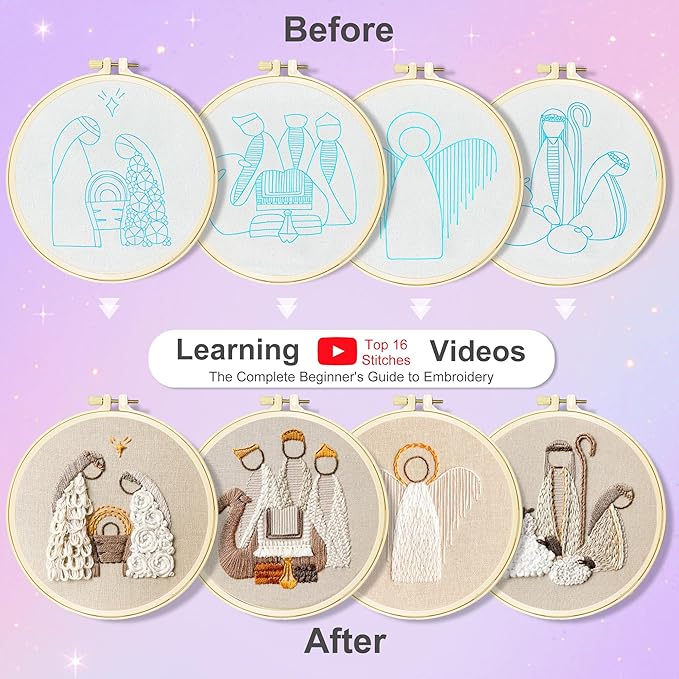 Huacan Embroidery Kit for Adults Beginner - Embroidery Kits for Adults Beginner 4 Pcs Stamped Religion Pattern, Hand Stitching Kit Art Craft, DIY Sewing Kit with Box 7.9 x 7.9 Inch