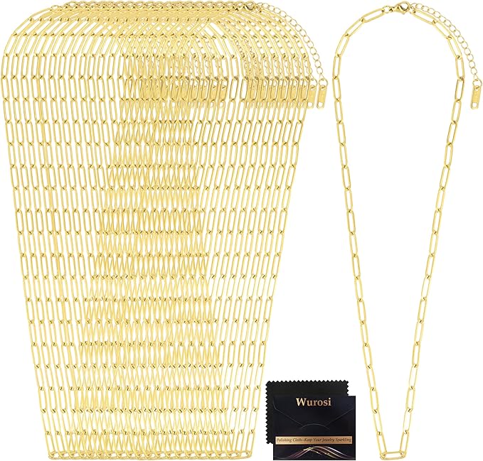 20 Pack 18Inch 18K Gold Plated Paperclip Charm Necklace Chains for Jewelry Making Adjustable 4mmx12mm Stainless Steel Necklace Chain with 2 Inch Extension Chain for Women