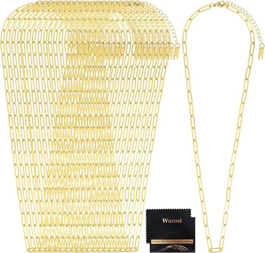 20 Pack 18Inch 18K Gold Plated Paperclip Charm Necklace Chains for Jewelry Making Adjustable 4mmx12mm Stainless Steel Necklace Chain with 2 Inch Extension Chain for Women