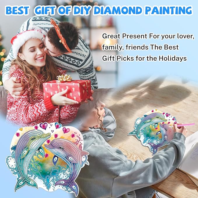 Bowetile Dolphin Diamond Art Hanging Kits for Adults, 5D Special Shape Diamond Painting Animals Kits, Animal Gem Art Suncatchers Painting Pendant Ornament for Home Garden Wall Decor