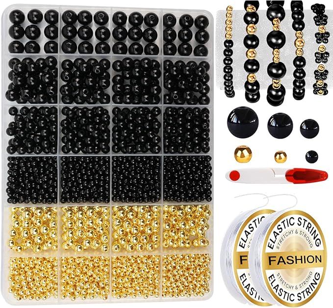 2116PCS Beads for Bracelets Black Pearl Bracelet Making Kit Bracelet Kits Bracelet Bead Kits Small Pearl Beads and Gold Bead Beading Kit for Bracelets Jewelry Making Kit for Adult