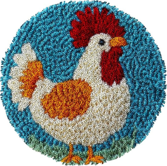 Latch Hook Rug Kit Cute Rooster Easy for Beginners Round Shape Carpet Crochet Yarn Craft Mini Rug DIY Hook and Latch Little Tapestry for Home Decor 30x30cm-1