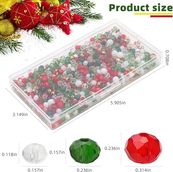 1000pcs Christmas Glass Beads for Jewelry Making Briolette Rondelle Beads Assorted Crystal Beads Loose Spacer Bead for DIY Crafts Bracelets Necklaces Earrings and Christmas Decorations