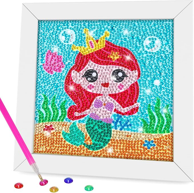QEUOYSS Diamond Art Kit for Kids with Wooden Frame Art and Crafts for Kids Ages 6-8 -10-12 Easy to DIY Diamond Art for Kid and Adult Beginners Home Wall Decoration (Mermaid)