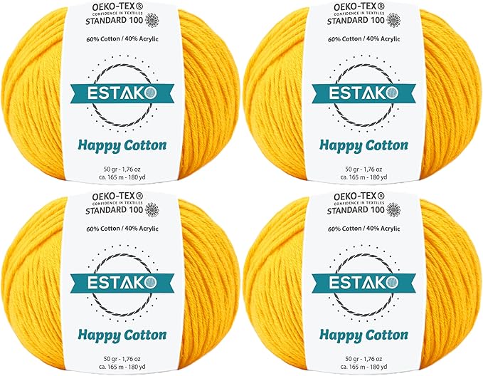Estako Happy Cotton, (4 Skeins Pack) 60% Cotton 40% Acrylic Yarn, Soft, Fine/Sport (2) for Crochet and Knitting (4 x 1.76 Oz) / (4 x 180 Yrds) (4730 - Mustard Yellow)