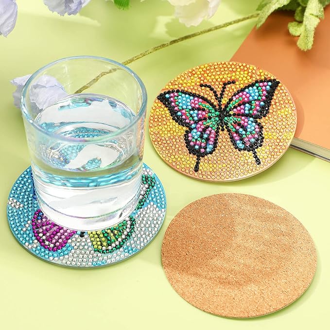 UPINS 8Pcs Diamond Art Painting Coasters for Drinks DIY Life Coaster Diamond Art Kits for Adults Kids Beginners Diamond Art Craft Supplies (Butterfly)