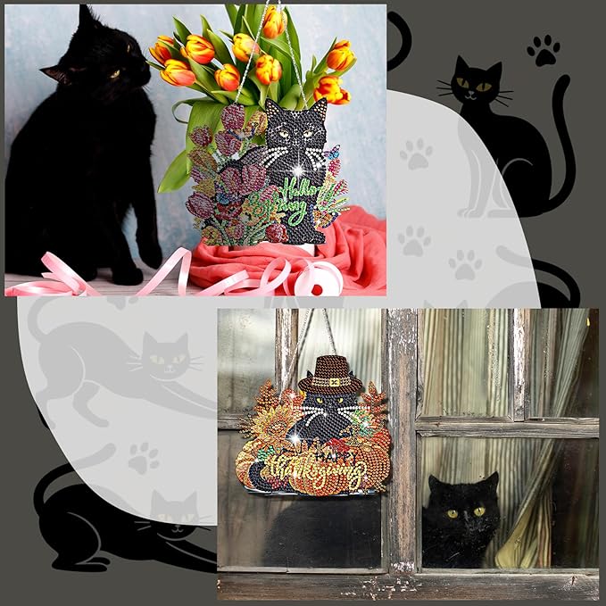 Cinnvoice 12 Pcs Seasonal Diamond Art Wreath Kits Holiday 5d DIY Diamond Art Hanging Signs Winter Spring Ornaments for Wall Door Decoration(Black Cat)