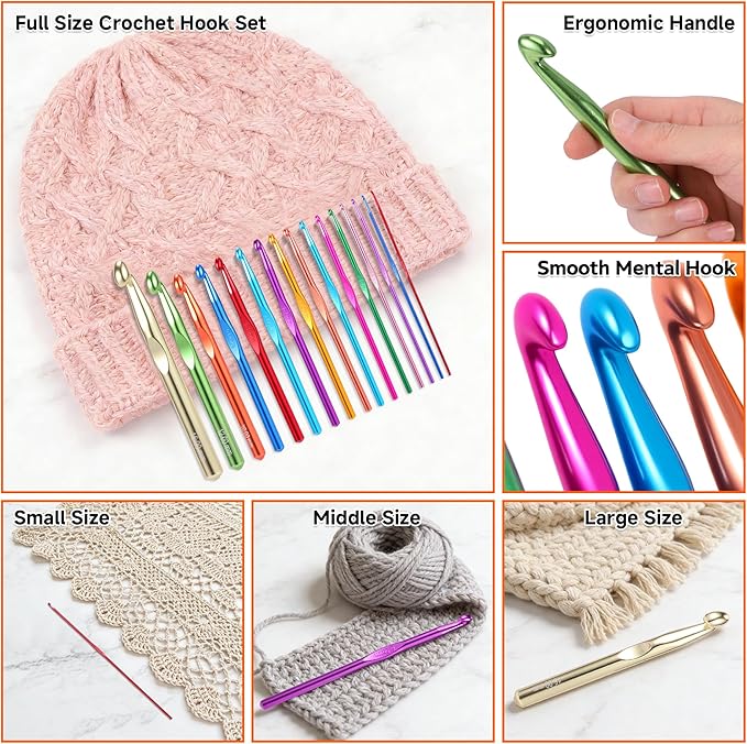GKINIKG Large Aluminum Crochet Hooks Huge Metal Crochet Hook Set - 16Pcs Crochet Needles for Thick Bulky Yarn Blankets - Beginners Big Crochet Set Size 2mm-6.5mm 7mm 8mm 9mm 10mm 12mm 15mm