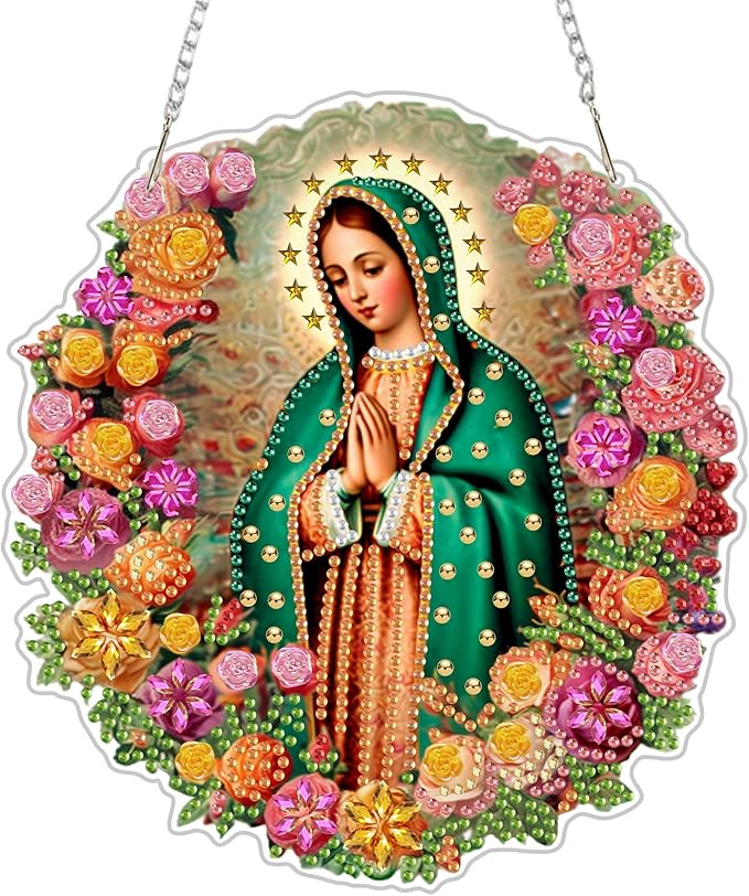 CEOVR Virgin Mary Hanging Diamond Art Kits for Adults, Prayer Special Shape Religious Diamond Painting DIY Gem Art, Windows Pendant Ornament with Chain, Acrylic Home Garden Decor, Box Kit 7.07x7.61In