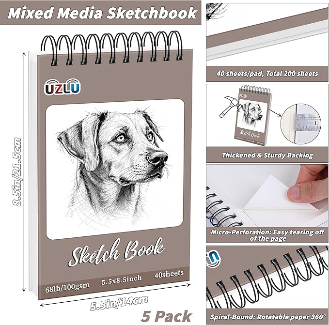 5 Pcs Sketch Books Bulk 5.5 x 8.5 in 200 Sheets Top Spiral Bound Sketch Pad Drawing Paper 40 Sheets Each Acid Free Mixed Media Sketchbook 68lb/100gsm Art Supplies for Beginner Artist