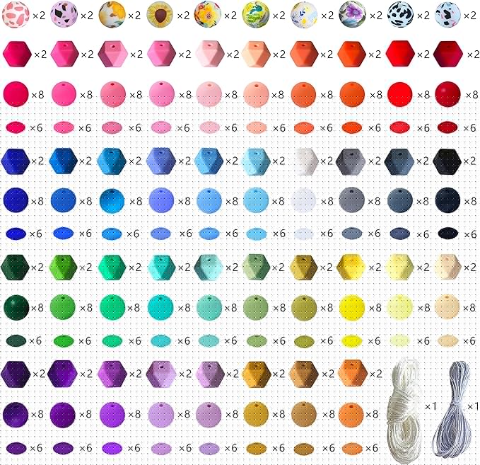 630pcs Silicone Beads for Keychain Making, 12mm 15mm Round 14mm Polygonal Bead 48 Colors Bulk Rubber Loose Beads for DIY Pens Necklace Bracelet Jewelry Making Kit