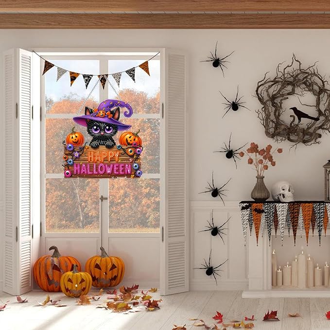 WEUOPG Halloween Diamond Art Hanging Kit for Crafts, DIY Acrylic Diamond Art Painting Window Pendants Home Garden Wall Hanging Kits, Double Sided Hanging Ornament