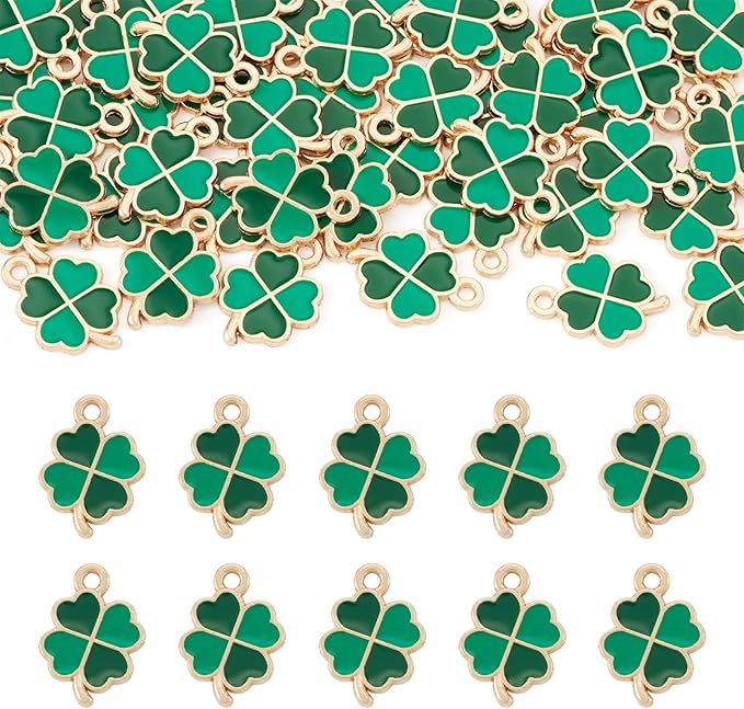 Cheriswelry 50Pcs Green Clover Charms Shamrock Four Leaf Lucky Pendants St. Patrick's Day Enamel Alloy Pendants 18x12x1.3mm for DIY Crafts Necklace Bracelet Earring Jewelry Making