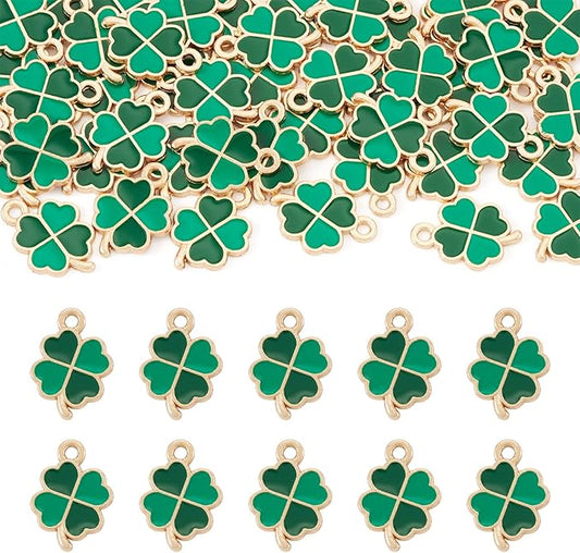 Cheriswelry 50Pcs Green Clover Charms Shamrock Four Leaf Lucky Pendants St. Patrick's Day Enamel Alloy Pendants 18x12x1.3mm for DIY Crafts Necklace Bracelet Earring Jewelry Making