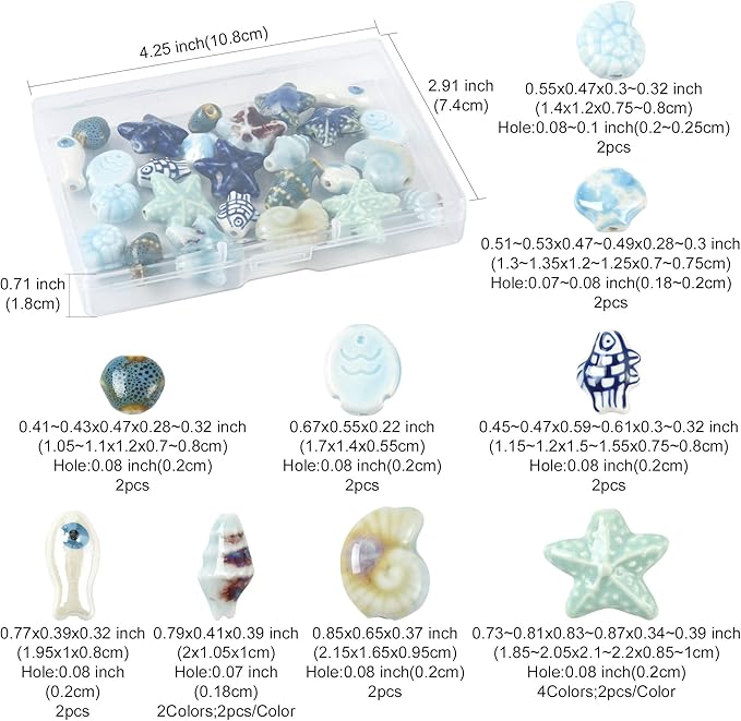26Pcs Porcelain Ceramic Ocean Beads, 13 Styles Sea Seashell Fish Conch Starfish Porcelain Loose Spacer Beads for DIY Necklaces Bracelets Crafts Supplies