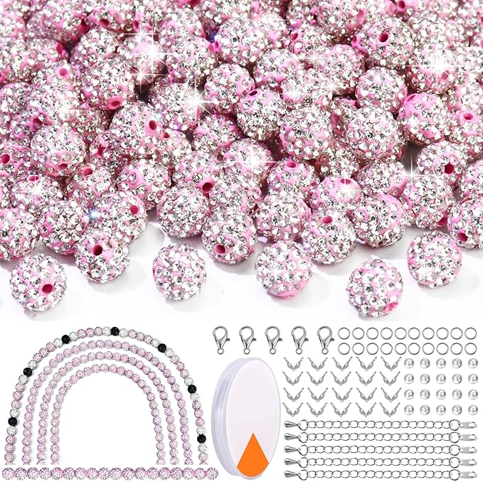 Dowarm 255PCS 10mm Rhinestone Beads, Pink Rhinestone Clay Beads for Baseball Necklace Bracelet Jewelry Making Crafts Beaded Pen, Round Polymer Clay Shamballa Pave Disco Diamond Bead