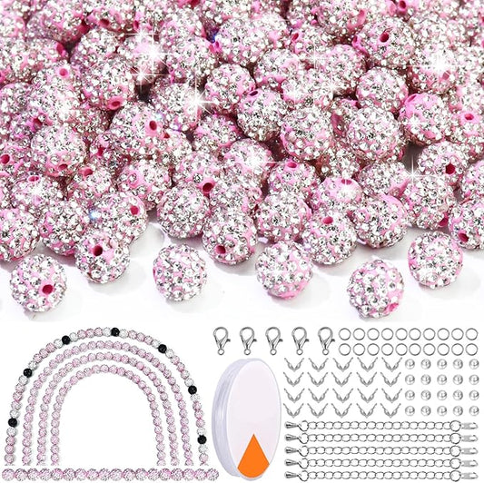 Dowarm 255PCS 10mm Rhinestone Beads, Pink Rhinestone Clay Beads for Baseball Necklace Bracelet Jewelry Making Crafts Beaded Pen, Round Polymer Clay Shamballa Pave Disco Diamond Bead