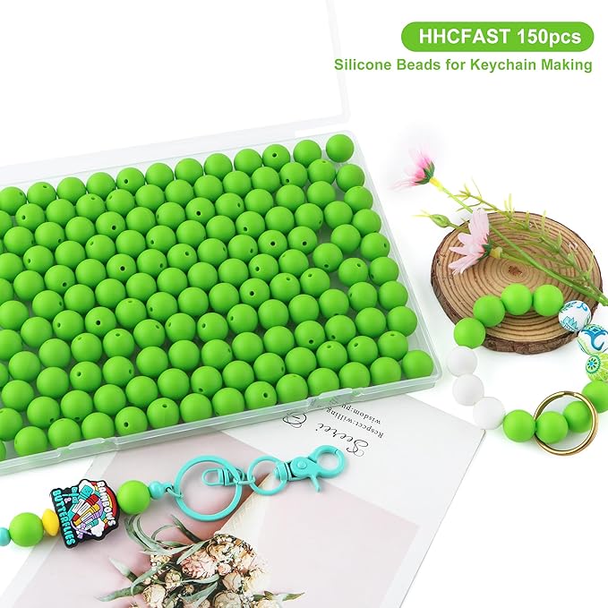 150Pcs 15mm Silicone Beads for Keychain Making Bracelet Necklace, Bulk Round Silicone Beads for Pens（Chartreuse）