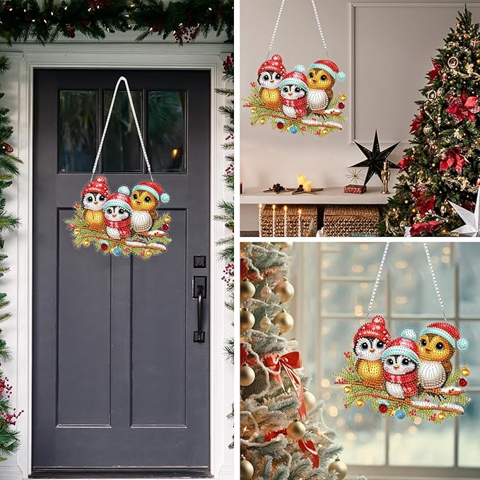 MEIYUDA Christmas Birds Diamond Art Hanging Kits for Adult, Cute Winter Birds Diamond painting Hanging Kits Ornaments, DIY Special Shaped Rhinestone Window Pendants kit for Home Garden Wall Decor Gift