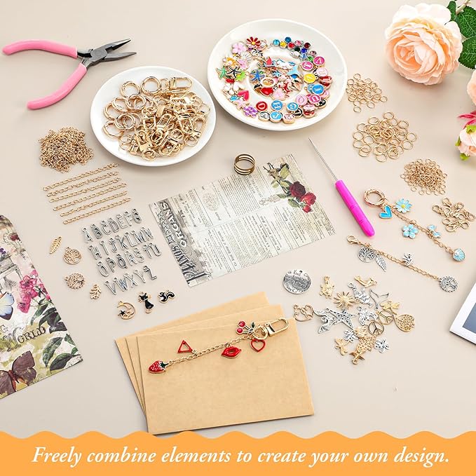 Tondiamo 443 Pcs Charms Lip Gloss Keychain Making Kit DIY Bag Charm Jewelry Chain Including 150 Charms 40 Extender Chain 40 Keychain Clips 200 Jump Ring Jewelry Plier for DIY Crafts Women