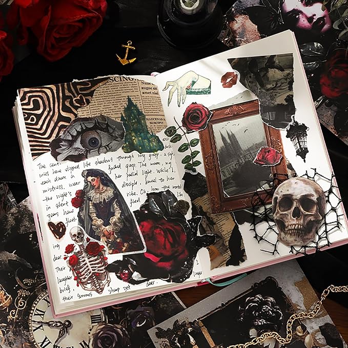 Dark Aesthetic Gothic Stickers 400 Pre-Cut Washi Stickers 20 Scrapbook Papers Horror Decals for Junk Journal Collage DIY Crafts Halloween Scrapbooking Sticker