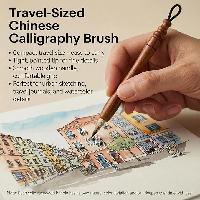 Mini Travel Watercolor Paint Set, All‑In‑One Portable Pocket Paint Kit with Walnut Wood Palette, 24 Watercolor Colors, 3 Water Brushes, Chinese Calligraphy Brush, Sketchbook and Organizer Pouch, Gift for Beginners and Art Lovers