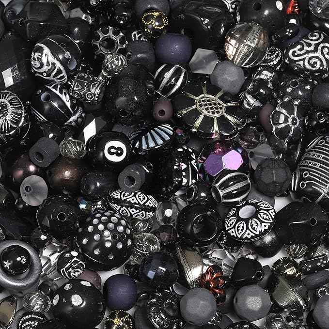 7.5 OZ Assorted Vintage Acrylic Beads for Jewelry Making, Song Xi Unique Flower Rose Czech Beads for Bracelet Earrings, Bohemia Style, Bulk, DIY Holiday Gift (240-260 PCS, Black)