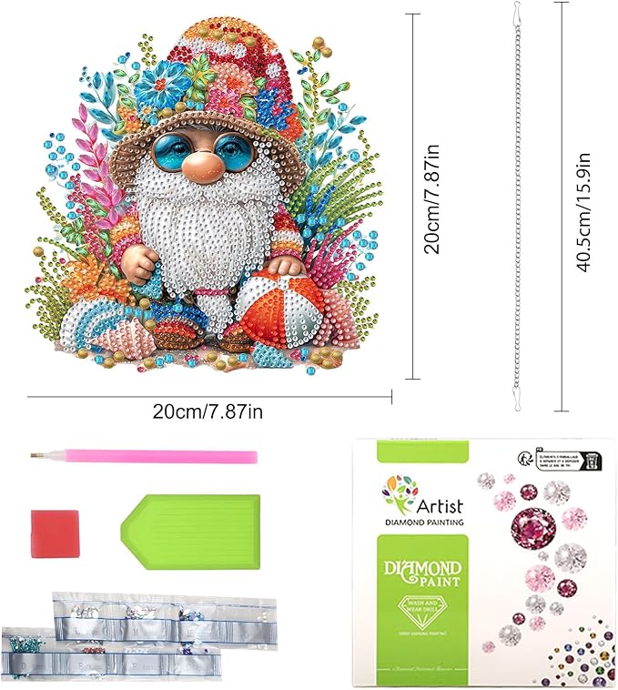 Lxmsja DIY Cute Little Gnome Diamond Painting Hanging Ornament, Double-Sided Acrylic Beach Seashells Diamond Art Kit, Special Shaped Suncatcher Hanging Pendant Window Art Kit