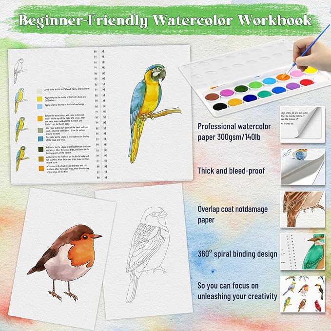 Beginners Watercolor Workbook for Adults -Step-by-Step Coloring Book Set-12 coloring book pages - Includes 16 color blocks and a brush - Professional Watercolor Paper: 300gsm/140lb (Bird)