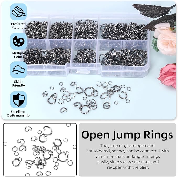 Glarks 1403Pcs 10mm 5mm 4mm 7mm 8mm Open Jump Rings Kit, Iron Round Ring Connectors Nickel Free Gun Black O Rings for Jewelry Making Connectors and Necklace Repair