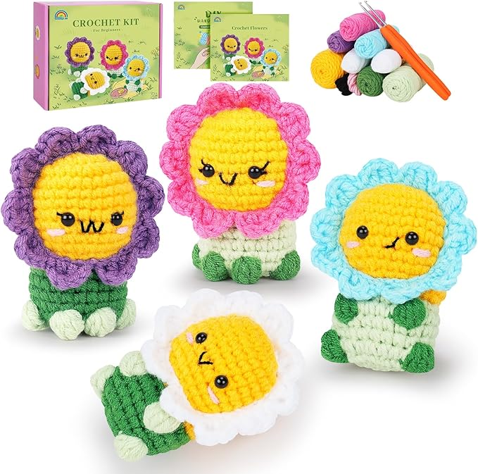 fortuning's jds crochet kit for beginners - 4pcs flowers complete crochet starter kit with step-by-step video tutorials, beginner crochet kits for adults women, flower family crocheting set
