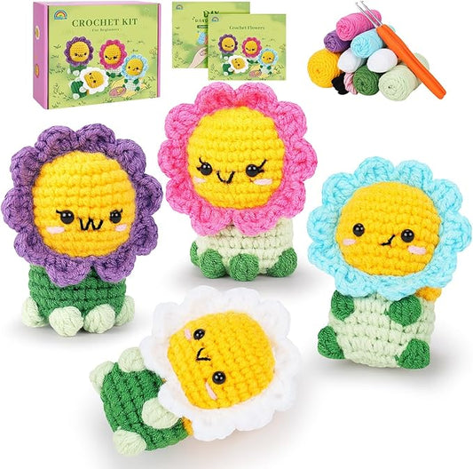 fortuning's jds crochet kit for beginners - 4pcs flowers complete crochet starter kit with step-by-step video tutorials, beginner crochet kits for adults women, flower family crocheting set