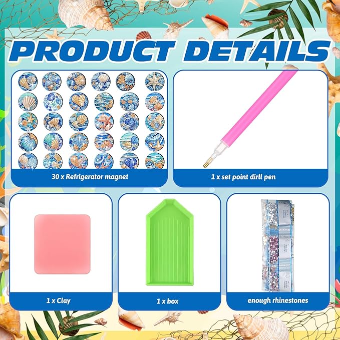 30 Pcs Magnetic Diamond Art Painting Ocean Magnets Blue Fridge Diamond Art Painting Kits Sticker Magnet DIY Craft for Adult Beginner Souvenir Gift Office Home Decor