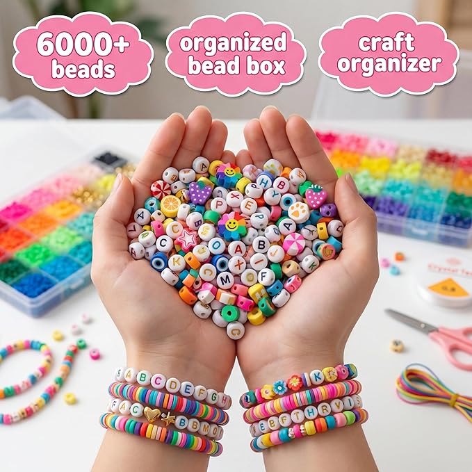 Jewelry Making Kit, 6000 PCS Complete Polymer Clay & Pony Beads Bracelet Kit, 24 Colors, 4 Alphabet Letter Sets & Charms, Organizer Box for DIY Jewelry, Gift for Girls Ages 6–12