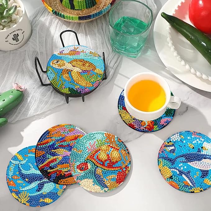 EWJRNSF 8 PCS Small Diamond Art Coasters Kits, Diamond Painting Coasters, Fall Diamond Art Kits for Adults Beginners, Arts and Crafts Item Sets with Holder for Drinks Ocean Style