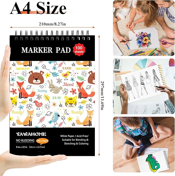 Marker Pad Sketch Book - 100 Sheets Drawing Pad Mixed Media Paper 130GSM Bleedproof Spiral-Bound Art Sketchbook for Alcohol Markers, Watercolor, Pencil & Ink Pens,Sketchpad Kids & Adults Gift