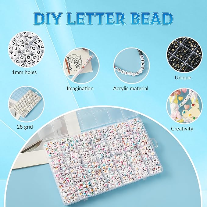 1400pcs letter beads, 6x6 mm acrylic alphabet beads, beads for jewelry and bracelet making, in 28 grid box (white and colorful)