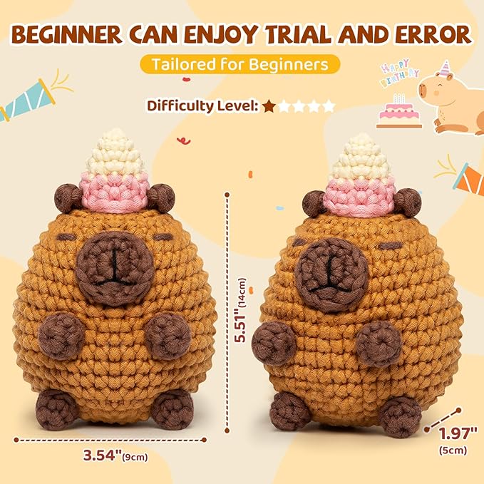 Mewaii Crochet Kit for Beginners Level 1 with 40% Extra Eco-Friendly Pre-Started Easy Yarn, Step-by-Step Video Tutorials for Adults and Kids (Happybara)