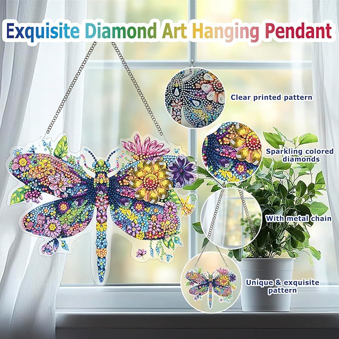 Koikify Diamond Painting Hanging Ornament, Floral Dragonfly Diamond Art Pendant with Double-Sided Pattern DIY Crystal Rhinestone Craft for Home Decoration and Gifts