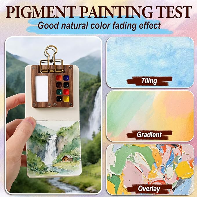 Mini Watercolor Travel Paint Set, 15 Grid Mini Portable Watercolor Palette with A Clip, Wooden Mini Paint Palette with Colours, Book, Binder Clips, Watercolor Pens for Painters Artists Students