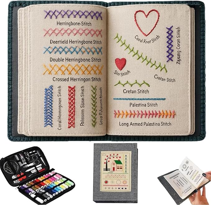 BEBIR New DIY Embroidery Stitch Book Kit,Gift for Craft Lovers,Includes Illustrated Guide to 106 Universal Embroidery Stitches with Free Tutorials and 86-Piece Sewing Tool Kit