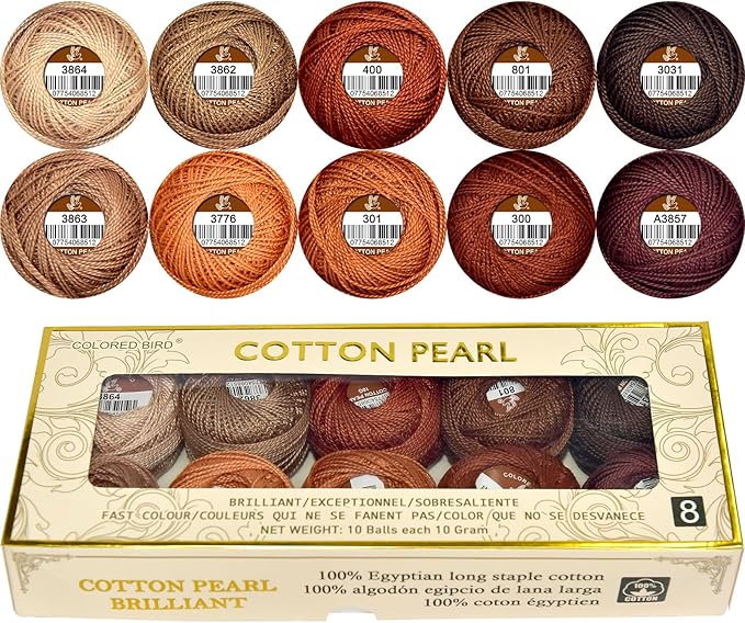 Double Mercerized Egyptian Long Staple Cotton Pearl Thread Ball 10 Grams Rainbow Color Embroidery Thread 10 Colors per Box for Crochet Hardanger Cross Stitch Hand Embroidery,caffee Series