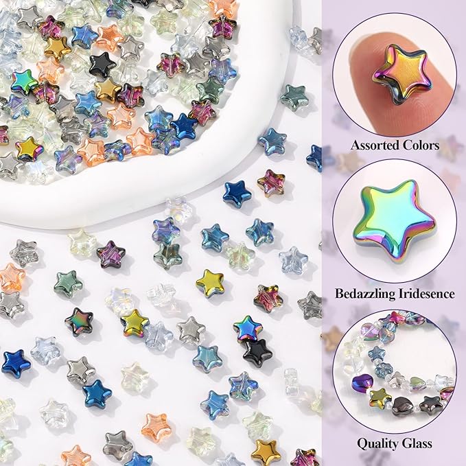 200PCS 10MM Glass Star Beads Bedazzling Irisedent Glass Beads,Crystal Star Beads,Fancy Shine Mixed Colors Cute Bead for Necklace Bracelet Earring Jewelry Making, Spacer Beads Bulk for Crafting & DIY