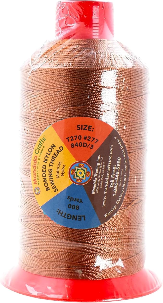 Mandala Crafts Size 277 840D T270 Bonded Nylon Thread - Bourbon Brown 800 YDs Tex 270 Heavy Duty Sewing Threads for Leather, Jeans, Weaving, Outdoor Marine Upholstery