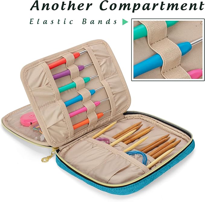 Yarwo Crochet Hook Case, Travel Organizer Holder for Crochet Hooks, Circular Knitting Needles, Knitting Needles (up to 8") and Other Supplies, Teal (Bag Only, Patented Design)